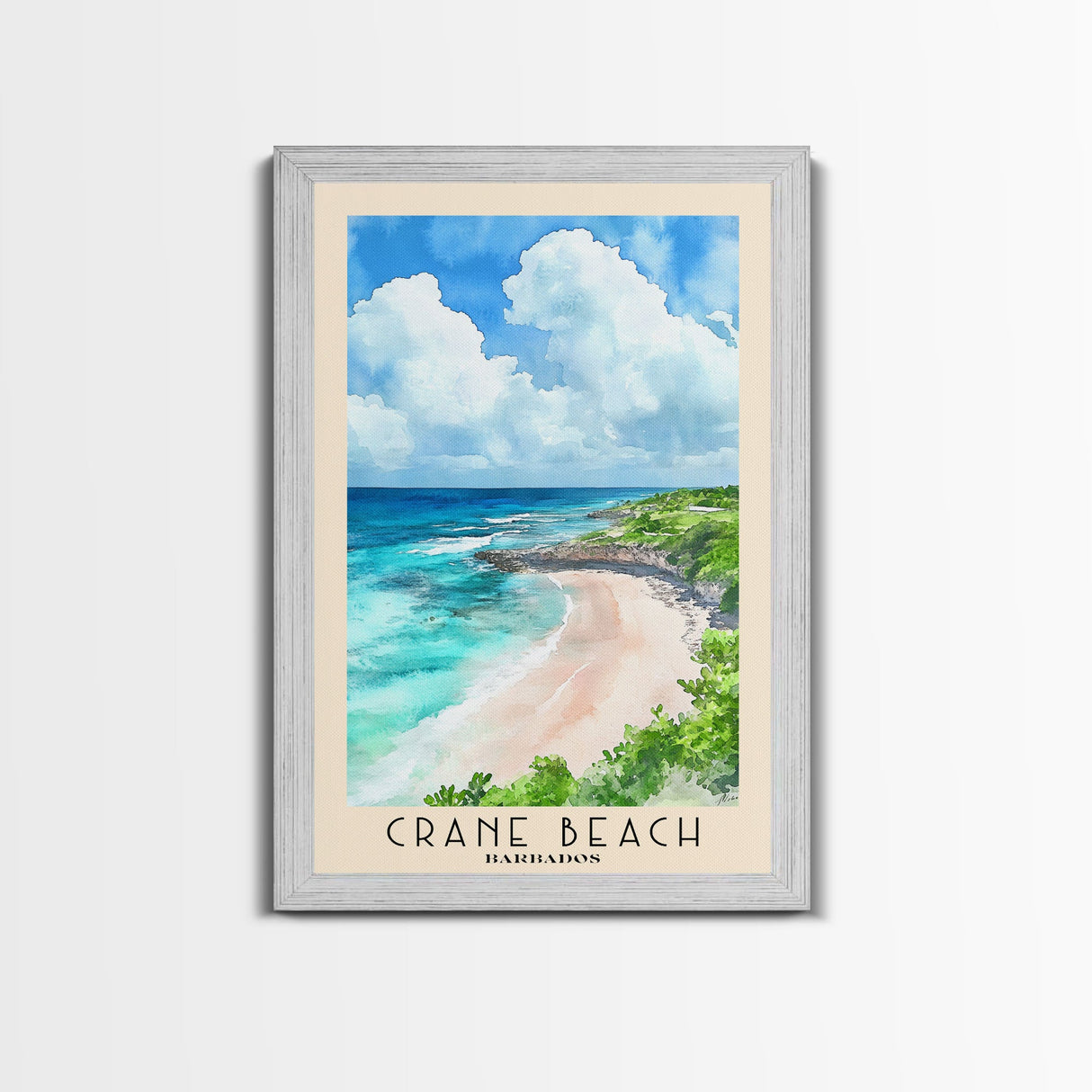 Crane Beach, Barbados Watercolor Beach Print, Vacation Gift, Barbados Wall Art, Framed Canvas Print, Framed Beach Painting