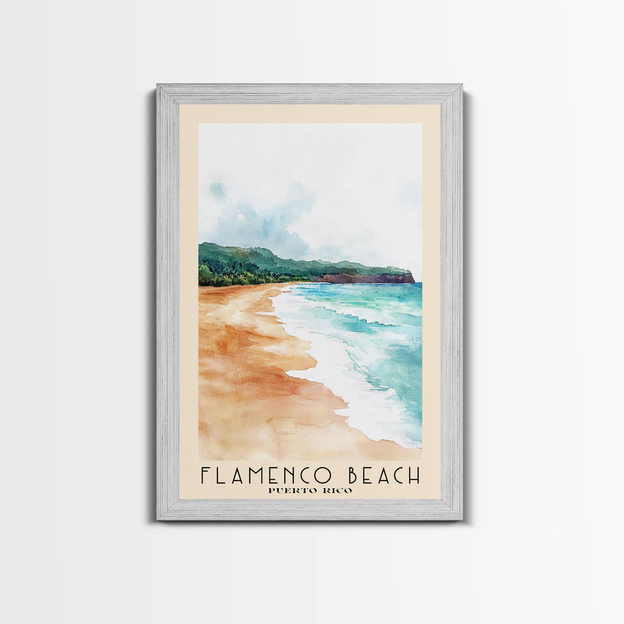 Flamenco Beach, Puerto Rico Watercolor Beach Print, Vacation Gift, Puerto Rico Wall Art, Framed Canvas Print, Framed Beach Painting