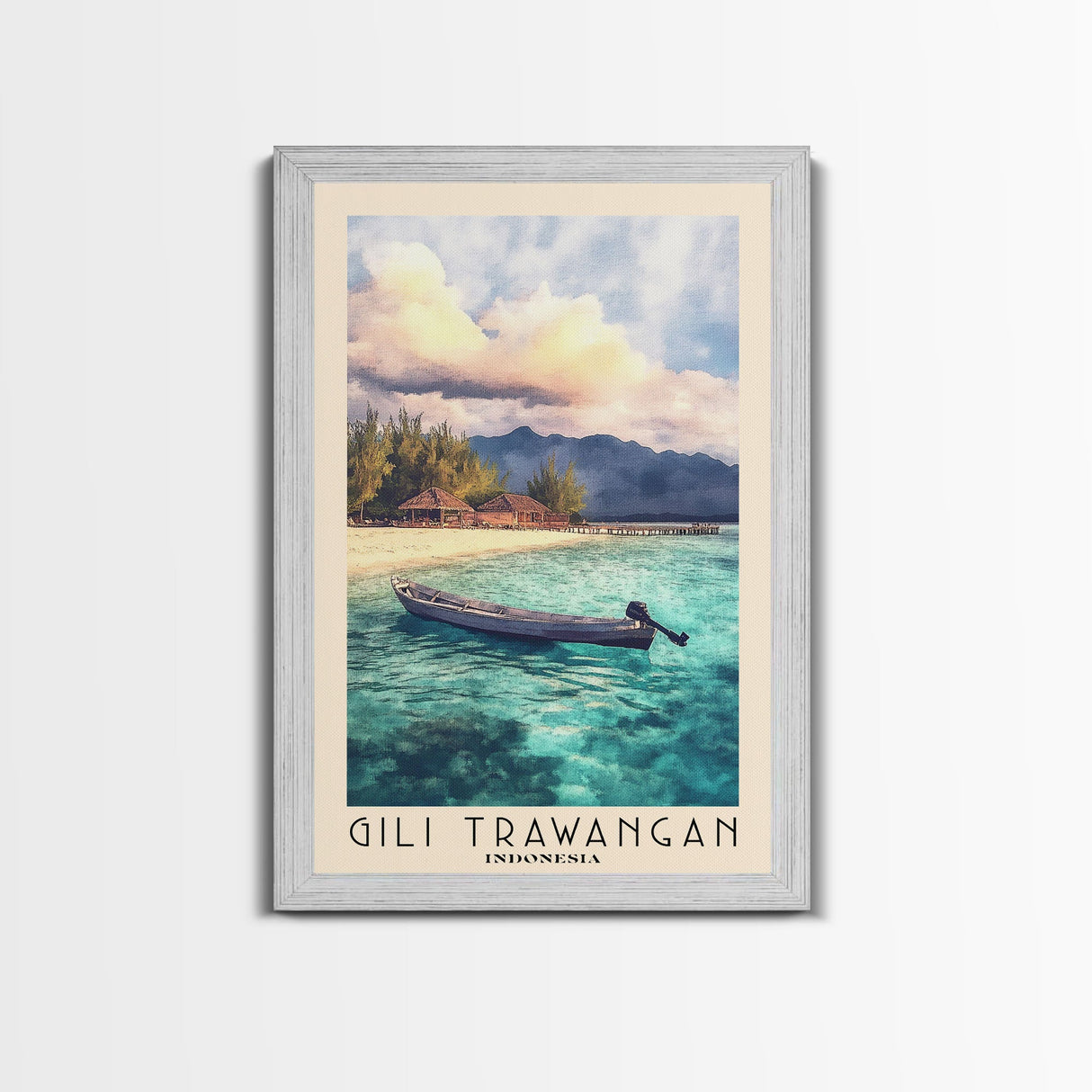 Gili Trawangan, Indonesia Watercolor Beach Print, Vacation Gift, Indonesia Wall Art, Framed Canvas Print, Framed Beach Painting