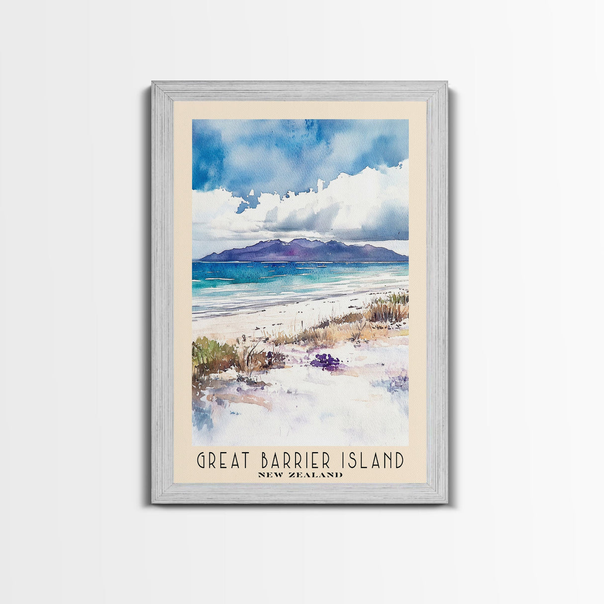 Great Barrier Island, New Zealand Watercolor Beach Print, Vacation Gift, New Zealand Wall Art, Framed Canvas Print, Framed Beach Painting