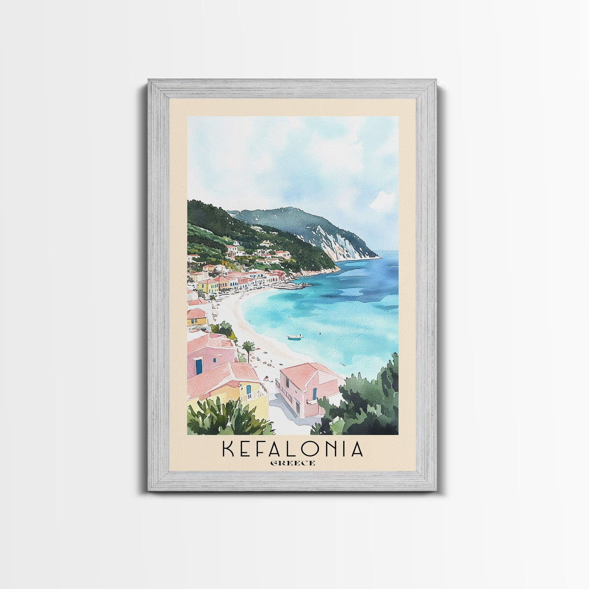 Kefalonia, Greece Watercolor Beach Print, Vacation Gift, Greece Wall Art, Framed Canvas Print, Framed Beach Painting