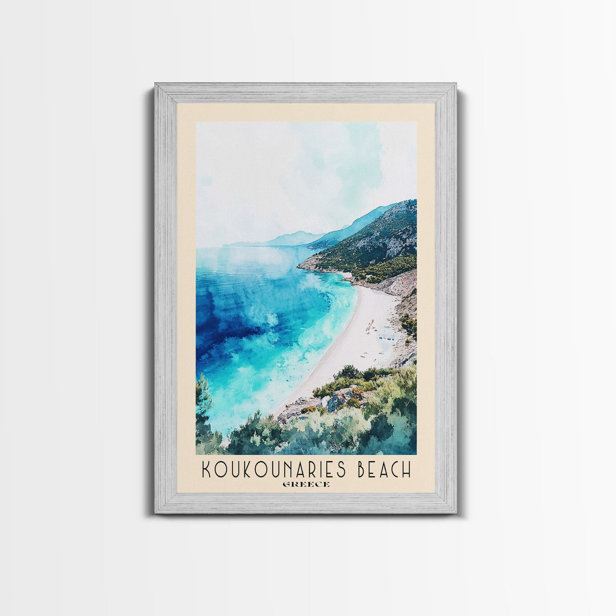 Koukounaries Beach, Greece Watercolor Beach Print, Vacation Gift, Greece Wall Art, Framed Canvas Print, Framed Beach Painting