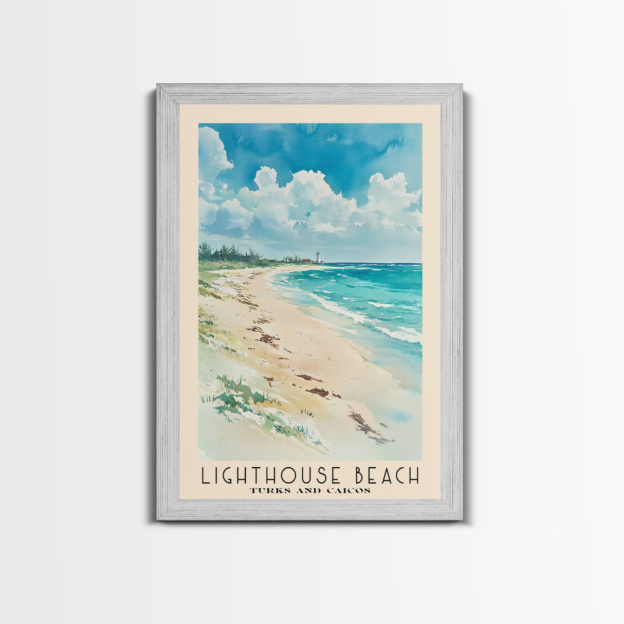 Lighthouse Beach, Turks and Caicos Watercolor Beach Print, Vacation Gift, Turks and Caicos Wall Art, Framed Canvas Print, Framed Beach Painting