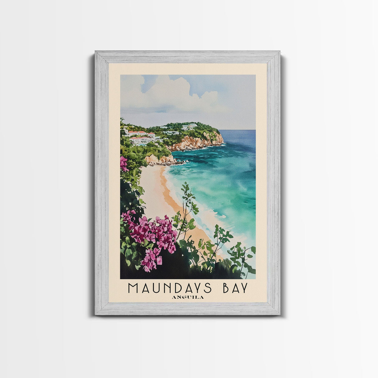 Maundays Bay, Anguila Watercolor Beach Print, Vacation Gift, Anguila Wall Art, Framed Canvas Print, Framed Beach Painting