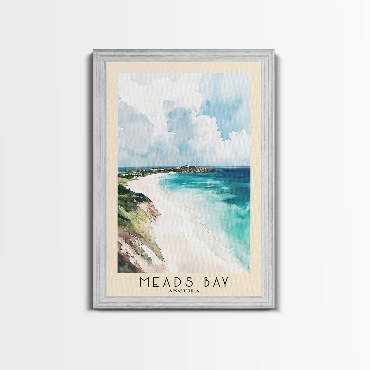 Meads Bay, Anguila Watercolor Beach Print, Vacation Gift, Anguila Wall Art, Framed Canvas Print, Framed Beach Painting