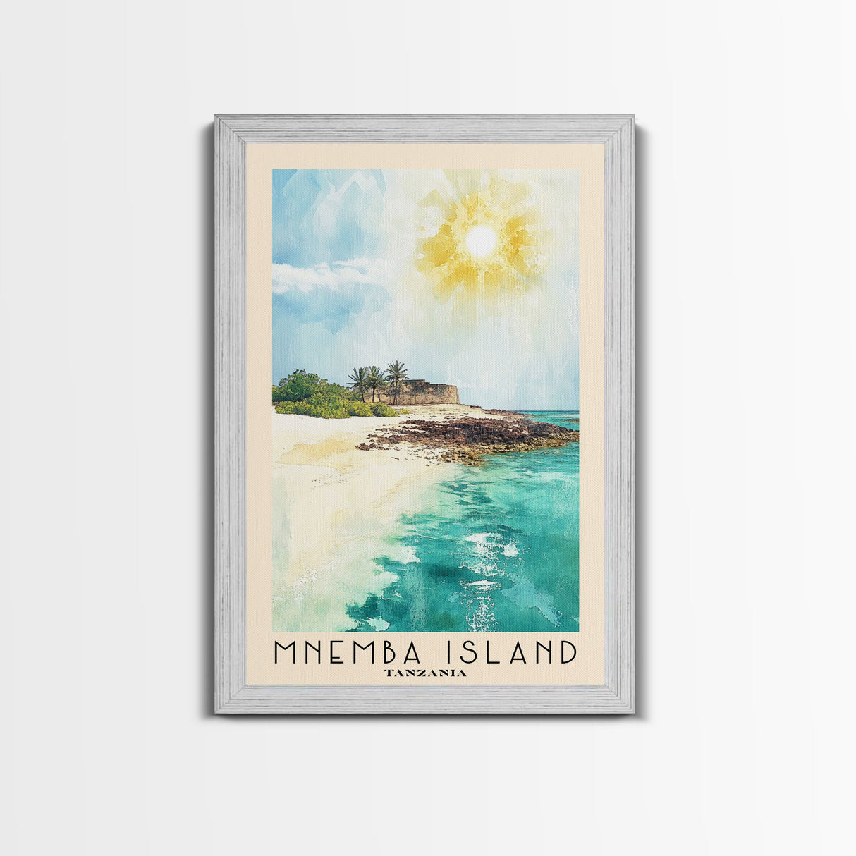 Mnemba Island, Tanzania Watercolor Beach Print, Vacation Gift, Tanzania Wall Art, Framed Canvas Print, Framed Beach Painting