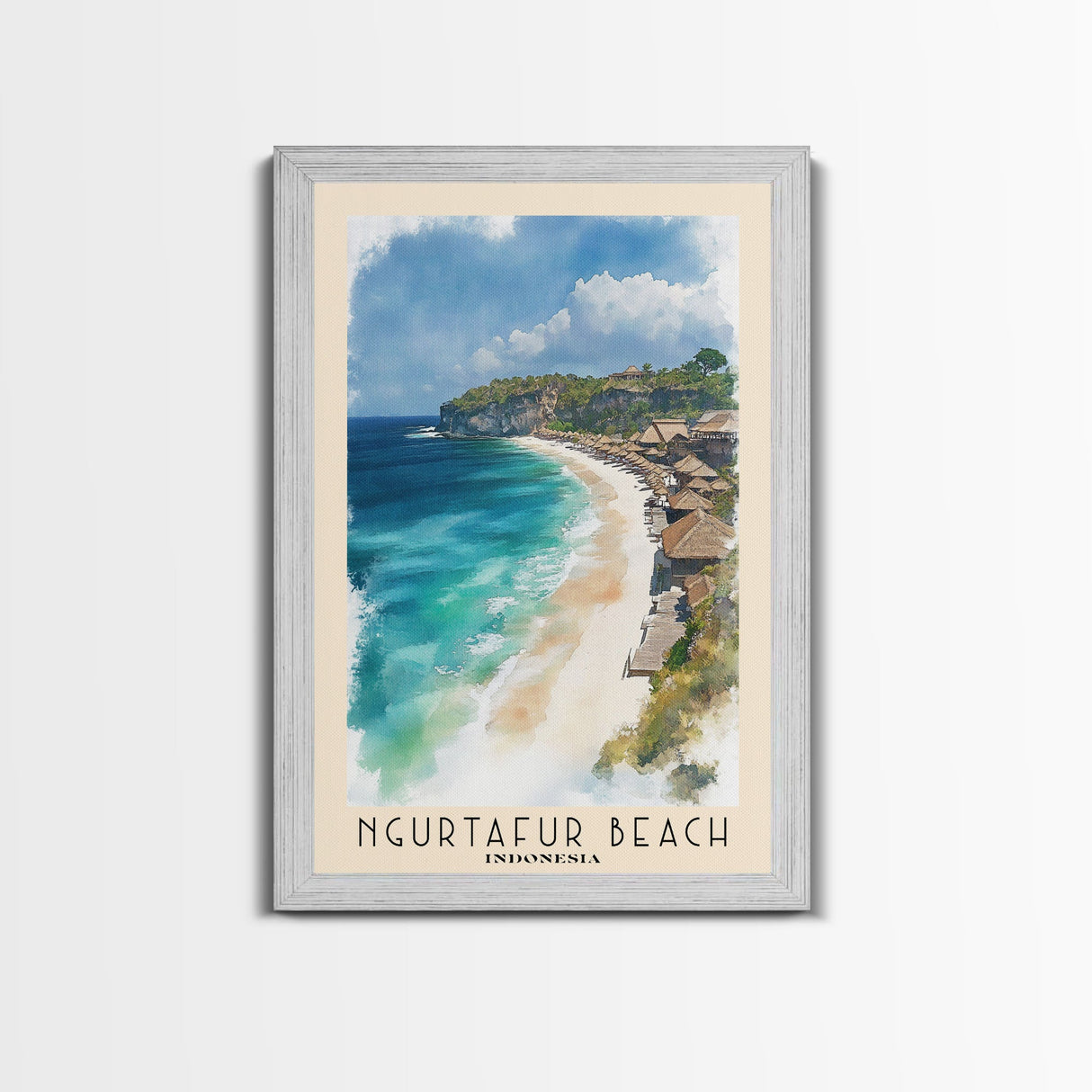 Ngurtafur Beach, Indonesia Watercolor Beach Print, Vacation Gift, Indonesia Wall Art, Framed Canvas Print, Framed Beach Painting