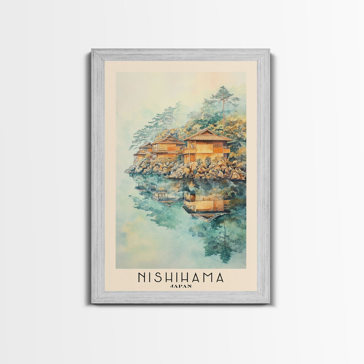 Nishihama, Japan Watercolor Beach Print, Vacation Gift, Japan Wall Art, Framed Canvas Print, Framed Beach Painting