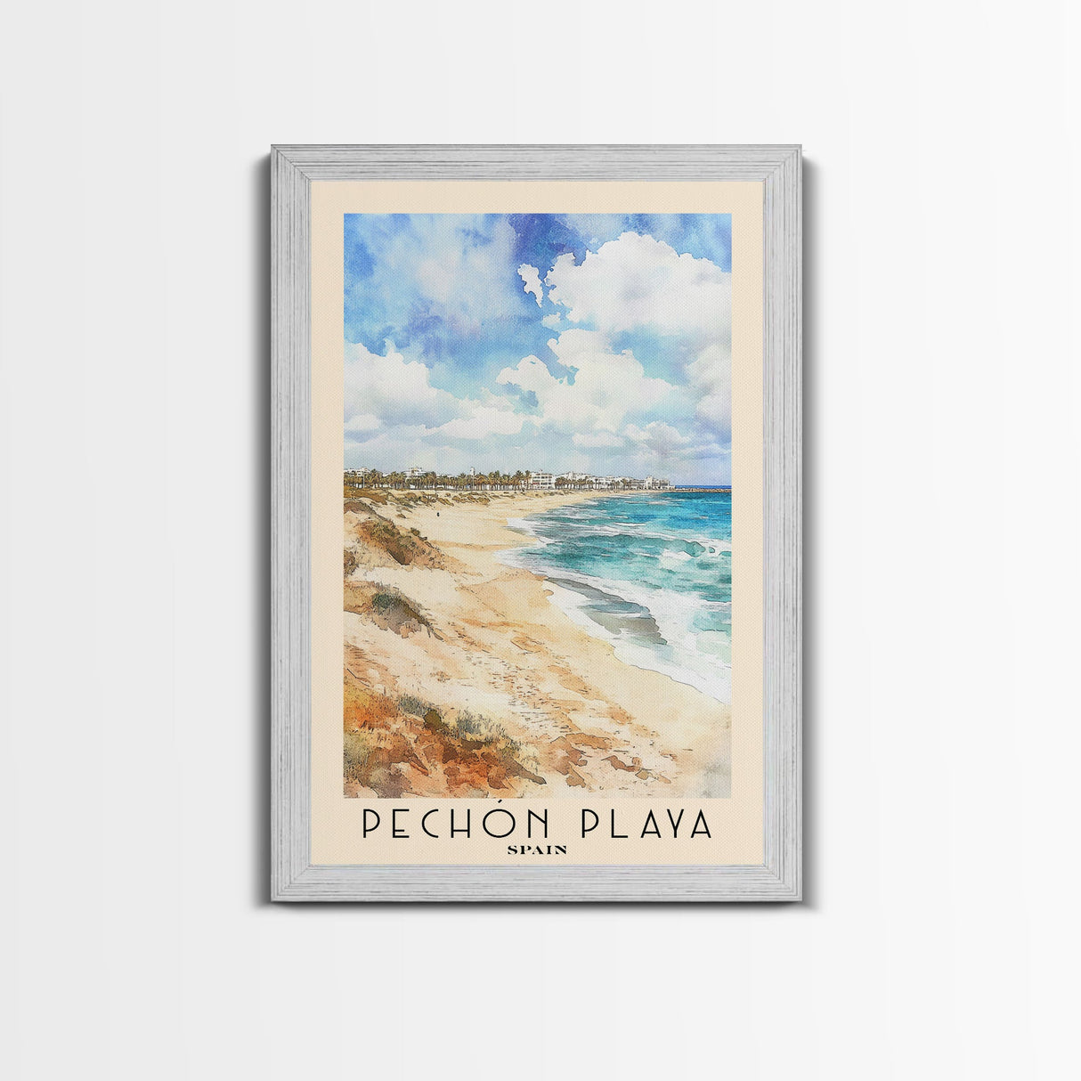 Pechón Playa, Spain Watercolor Print, Vacation Gift, Spain Wall Art, Beach Painting, Beach Decor, Large Wall Art, Wood Frame Art