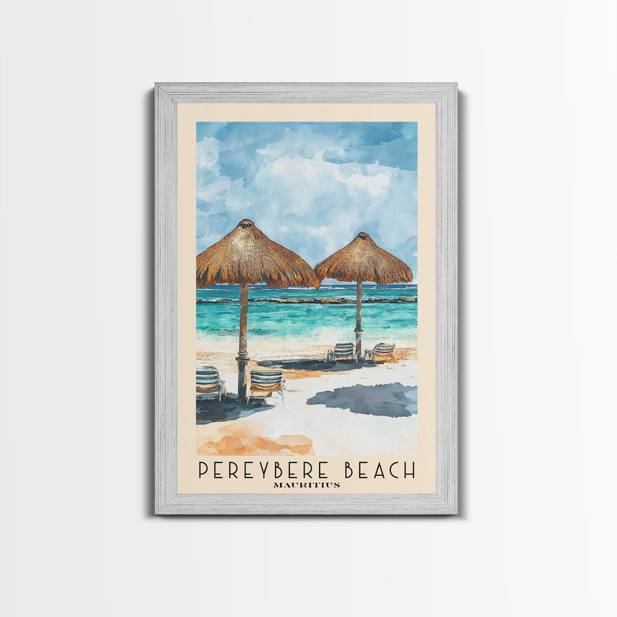 Pereybere Beach, Mauritius Watercolor Beach Print, Vacation Gift, Mauritius Wall Art, Framed Canvas Print, Framed Beach Painting