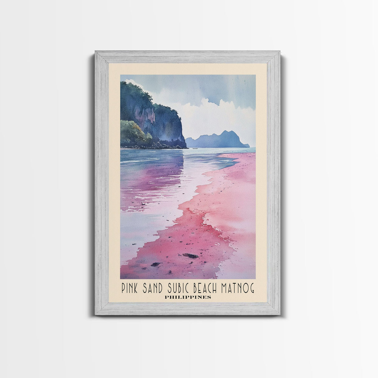 Pink sand Subic beach Matnog, Philippines Watercolor Print, Vacation Gift, Philippines Wall Art, Beach Painting, Beach Decor, Large Wall Art, Wood Frame Art