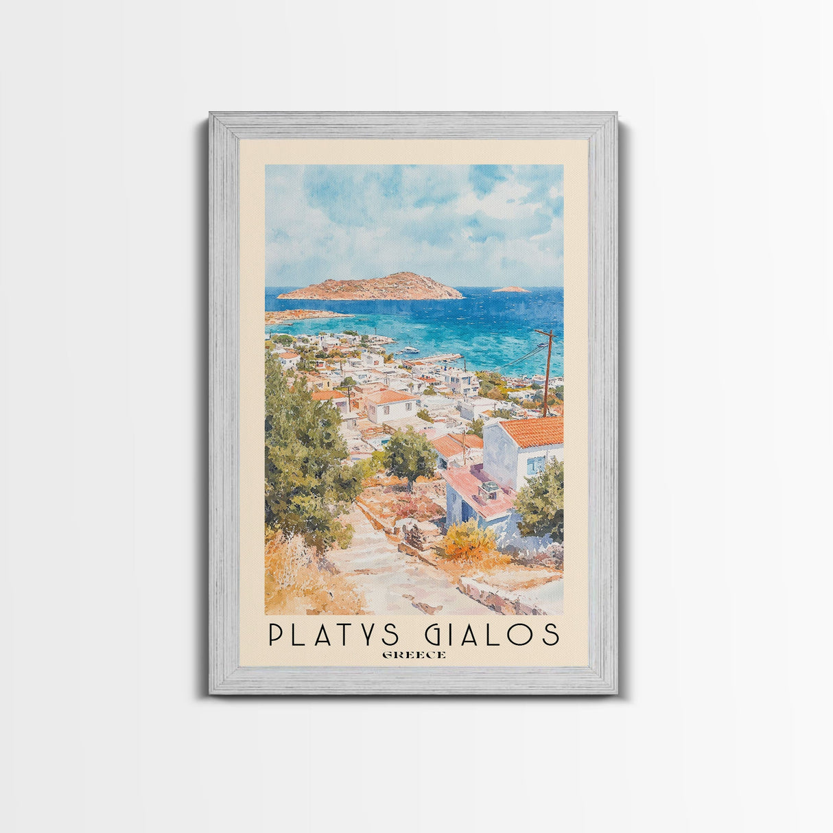 Platys Gialos, Greece Watercolor Beach Print, Vacation Gift, Greece Wall Art, Framed Canvas Print, Framed Beach Painting