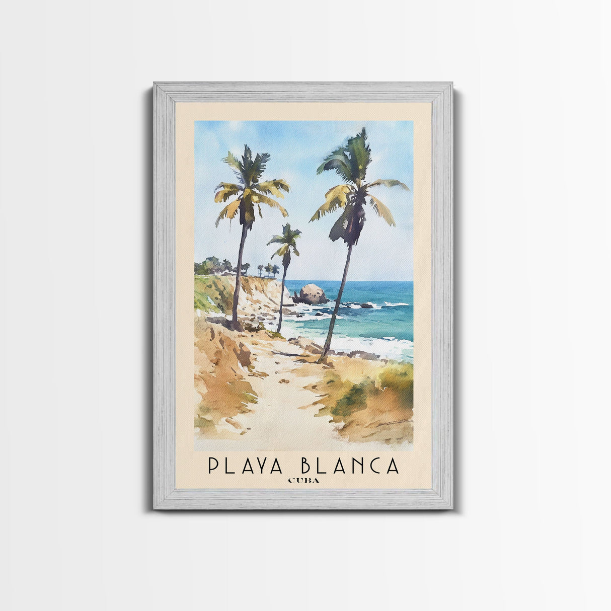 Playa Blanca, Cuba Watercolor Beach Print, Vacation Gift, Cuba Wall Art, Framed Canvas Print, Framed Beach Painting