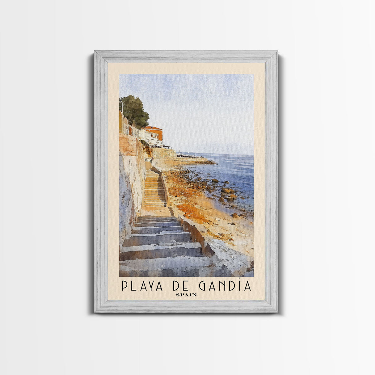 Playa de Gandía, Spain Watercolor Beach Print, Vacation Gift, Spain Wall Art, Framed Canvas Print, Framed Beach Painting