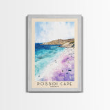 Possidi Cape, Greece Watercolor Beach Print, Vacation Gift, Greece Wall Art, Framed Canvas Print, Framed Beach Painting