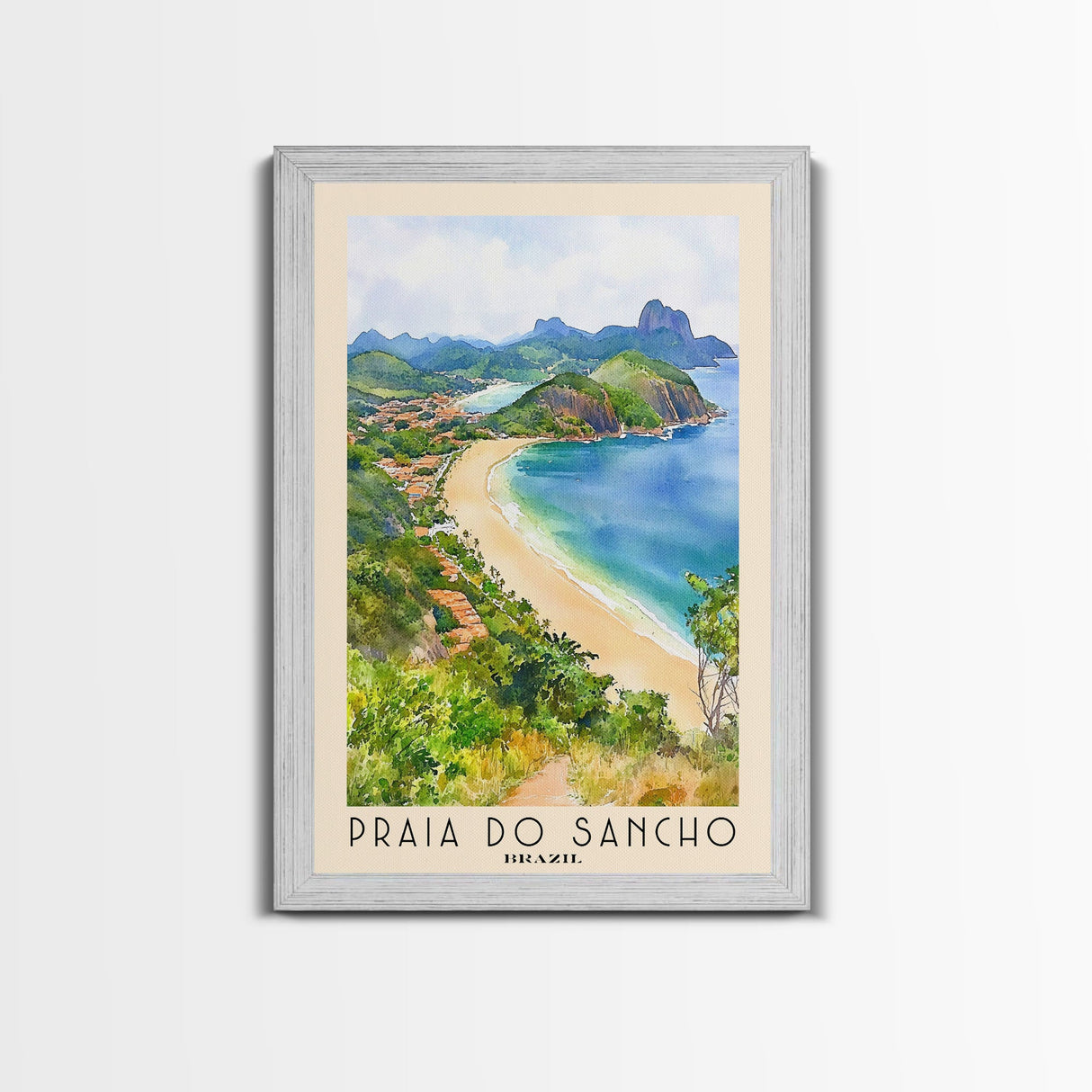 Praia do Sancho, Brazil Watercolor Beach Print, Vacation Gift, Brazil Wall Art, Framed Canvas Print, Framed Beach Painting