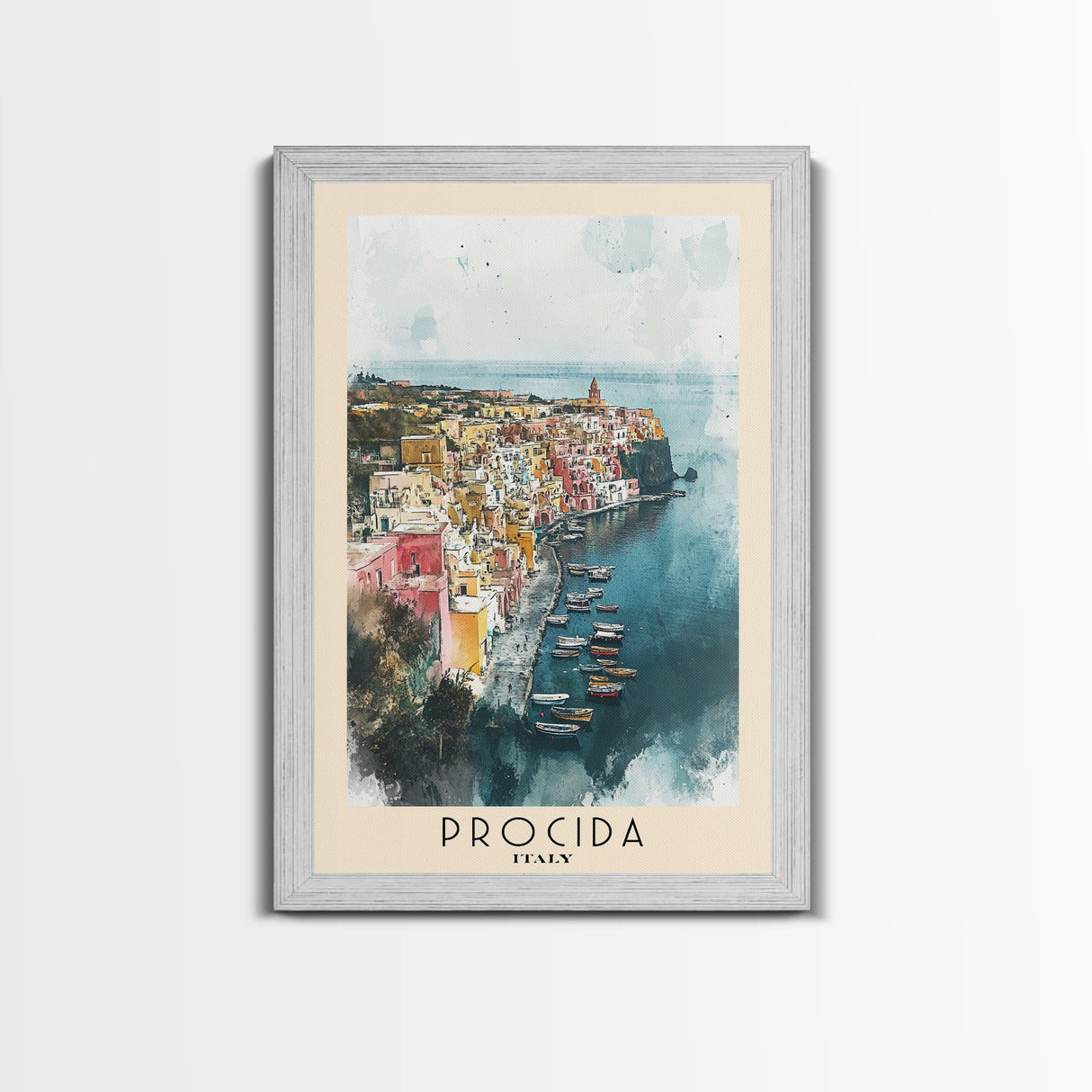 Procida, Italy Watercolor Beach Print, Vacation Gift, Italy Wall Art, Framed Canvas Print, Framed Beach Painting