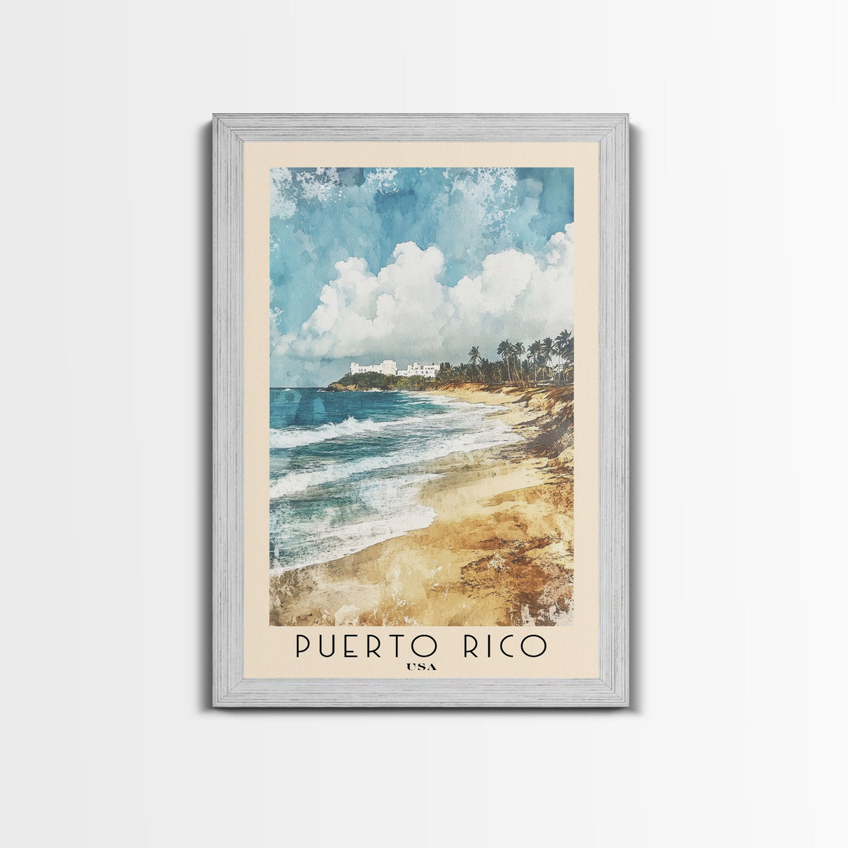 Puerto Rico, USA Watercolor Print, Vacation Gift, USA Wall Art, Beach Painting, Beach Decor, Large Wall Art, Wood Frame Art