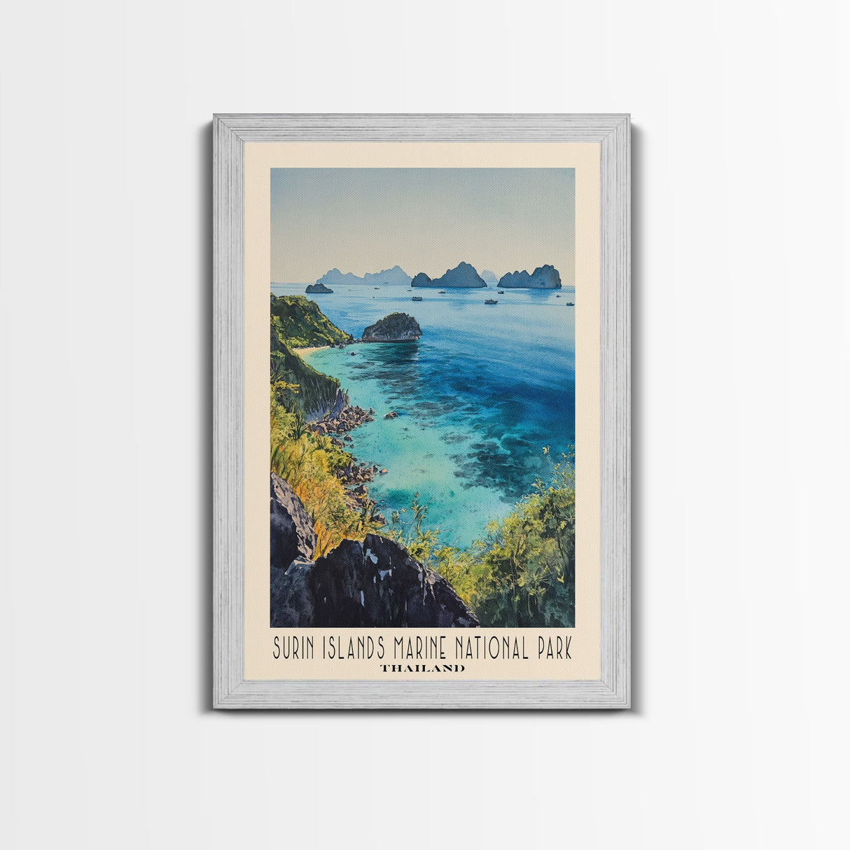 Surin Islands Marine National Park, Thailand Watercolor Print, Vacation Gift, Thailand Wall Art, Beach Painting, Beach Decor, Large Wall Art, Wood Frame Art