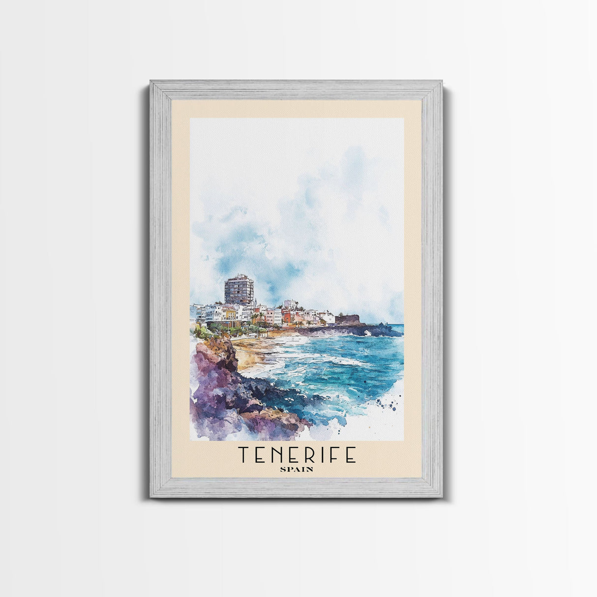 Tenerife, Spain Watercolor Beach Print, Vacation Gift, Spain Wall Art, Framed Canvas Print, Framed Beach Painting