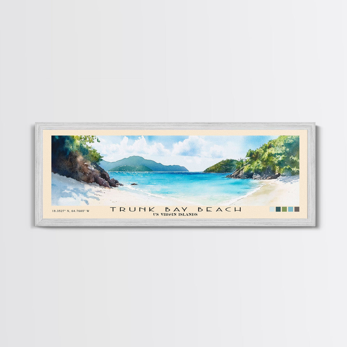 Trunk Bay Beach, US Virgin islands Watercolor Beach Print, Vacation Gift, US Virgin islands Wall Art, Framed Canvas Print, Framed Beach Painting