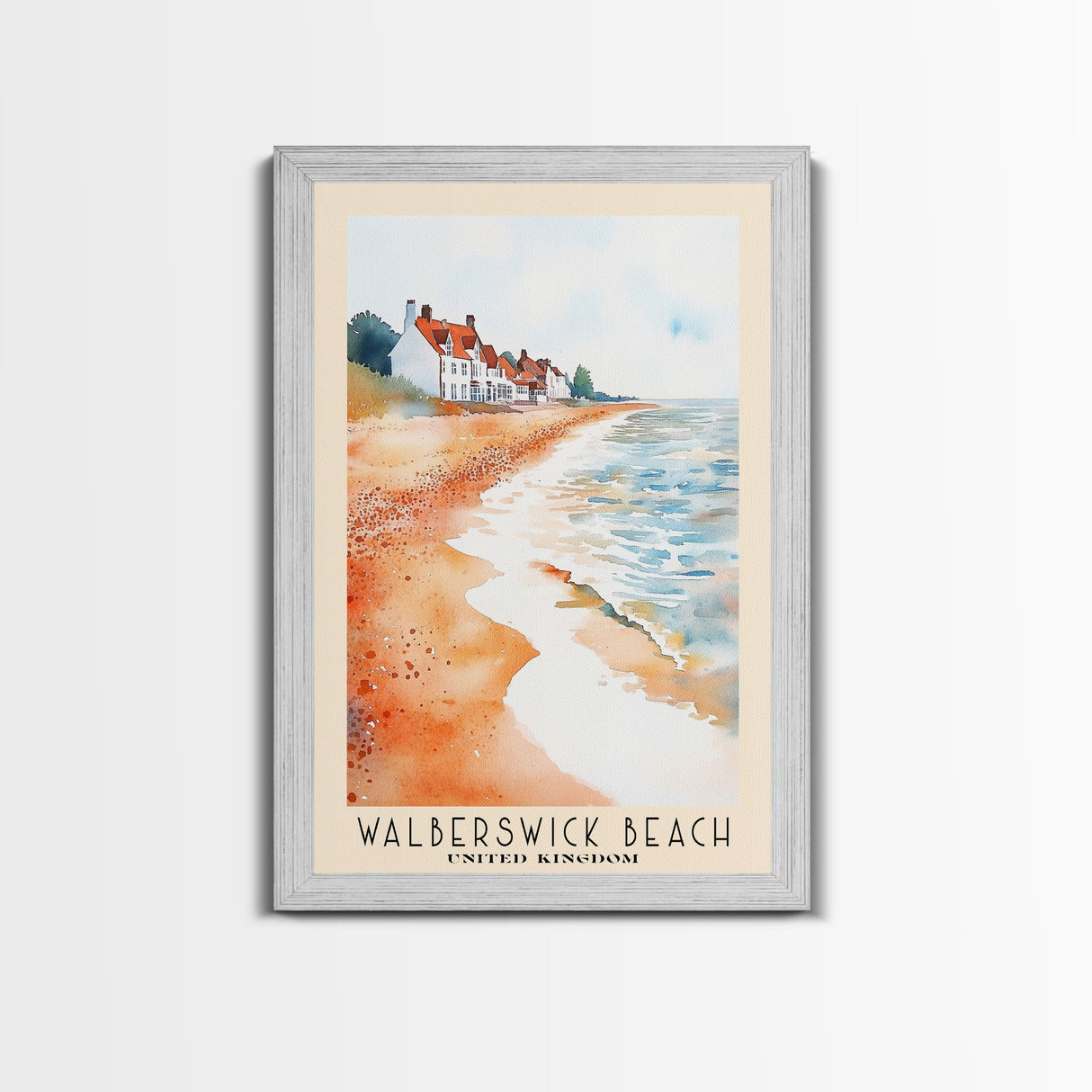 Walberswick Beach, United Kingdom Watercolor Beach Print, Vacation Gift, United Kingdom Wall Art, Framed Canvas Print, Framed Beach Painting