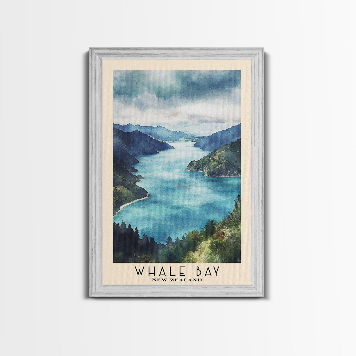 Whale Bay, New Zealand Watercolor Print, Vacation Gift, New Zealand Wall Art, Beach Painting, Beach Decor, Large Wall Art, Wood Frame Art