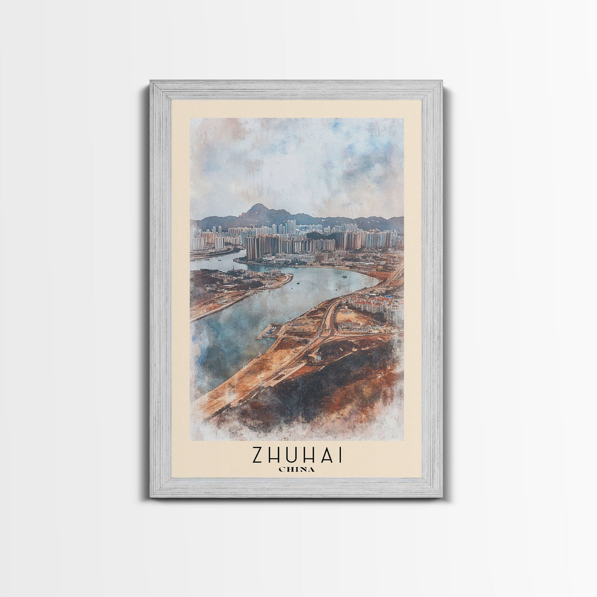 Zhuhai, China Watercolor Print, Vacation Gift, China Wall Art, Beach Painting, Beach Decor, Large Wall Art, Wood Frame Art