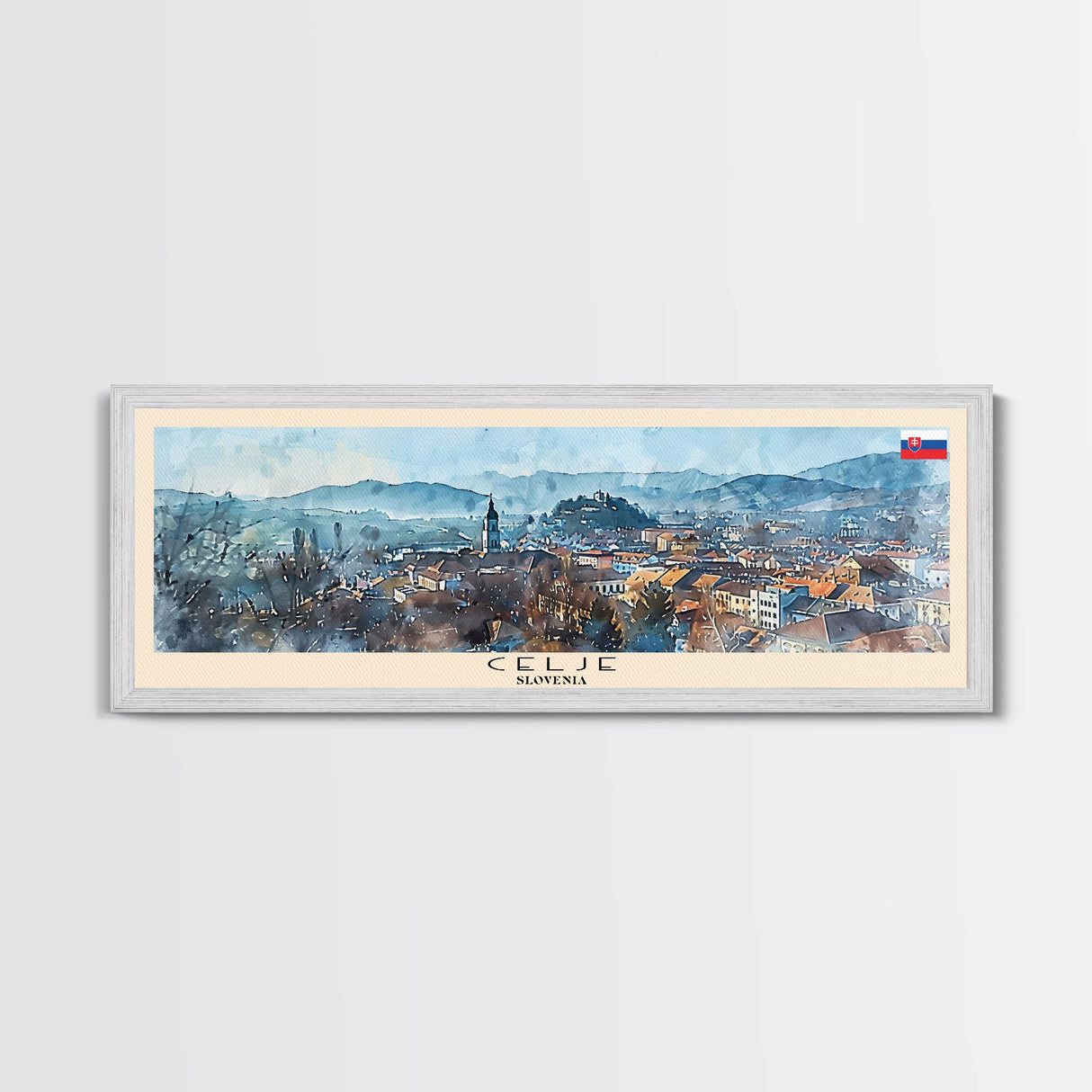 Celje Slovenia Panoramic Travel Poster, Framed Canvas Print or Metal Wall Art, Travel Art, Home Decor, Panoramic Painting, Midcentury Art