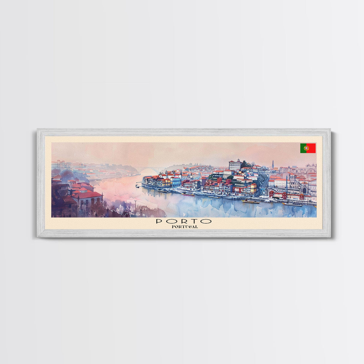 Porto Portugal Panoramic Travel Poster, Framed Canvas Print or Metal Wall Art, Travel Art, Home Decor, Panoramic Painting, Midcentury Art