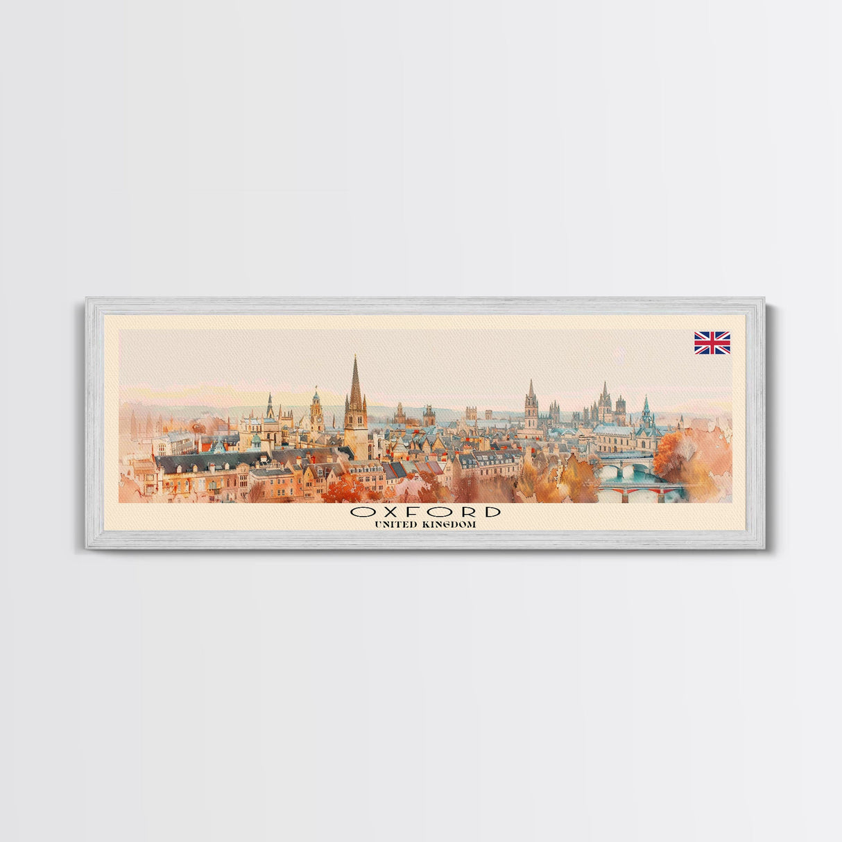 Oxford United Kingdom Panoramic Travel Poster, Framed Canvas Print or Metal Wall Art, Travel Art, Home Decor, Panoramic Painting, Midcentury Art