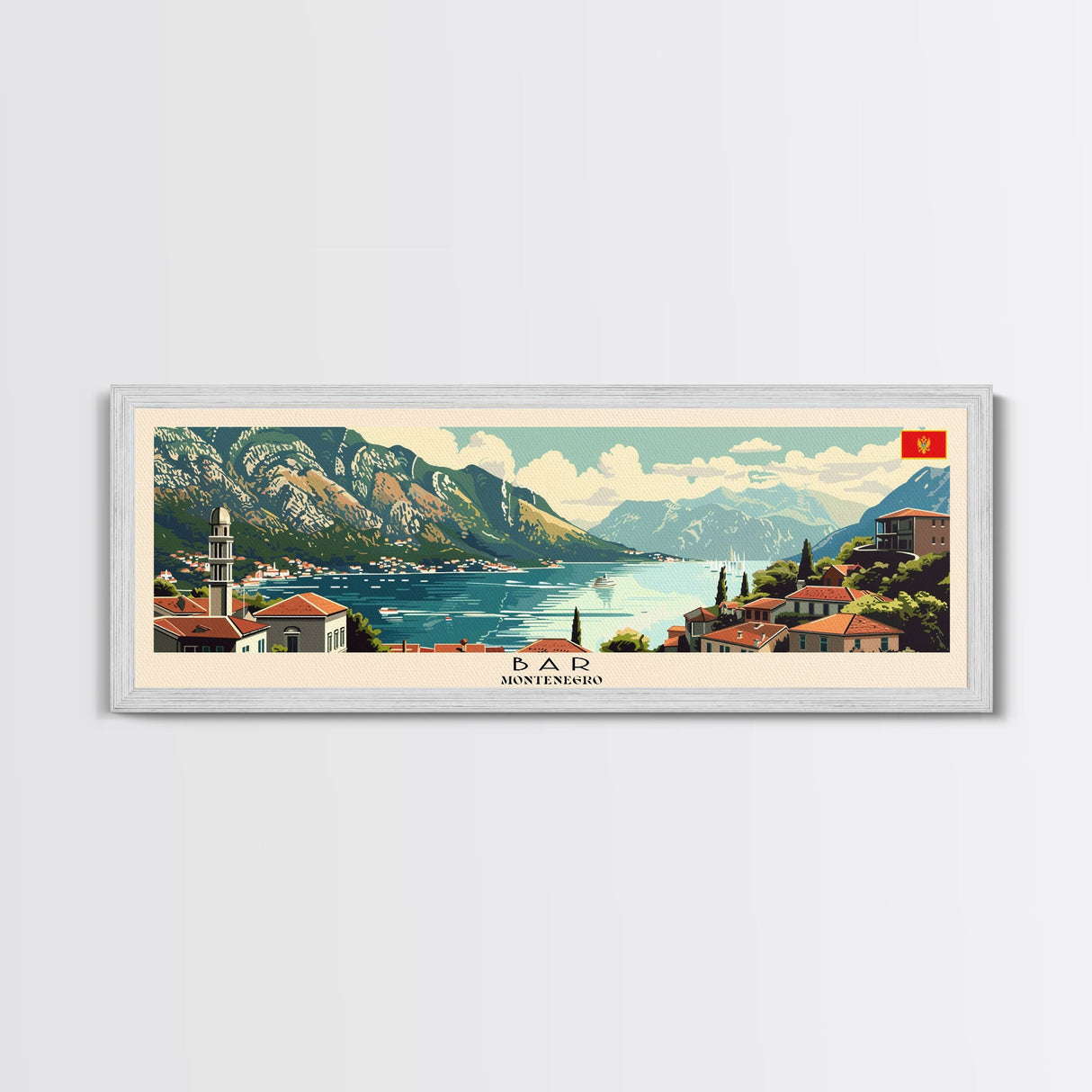 Bar Montenegro Panoramic Travel Poster, Framed Canvas Print or Metal Wall Art, Travel Art, Home Decor, Panoramic Painting, Midcentury Art