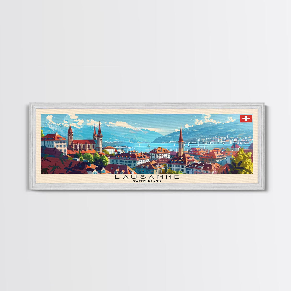 Lausanne Switzerland Travel Art, City Art, Framed Canvas Print or Metal Wall Art, Europe Travel Poster, Panoramic Wall Art, Extra Wide Wall Art