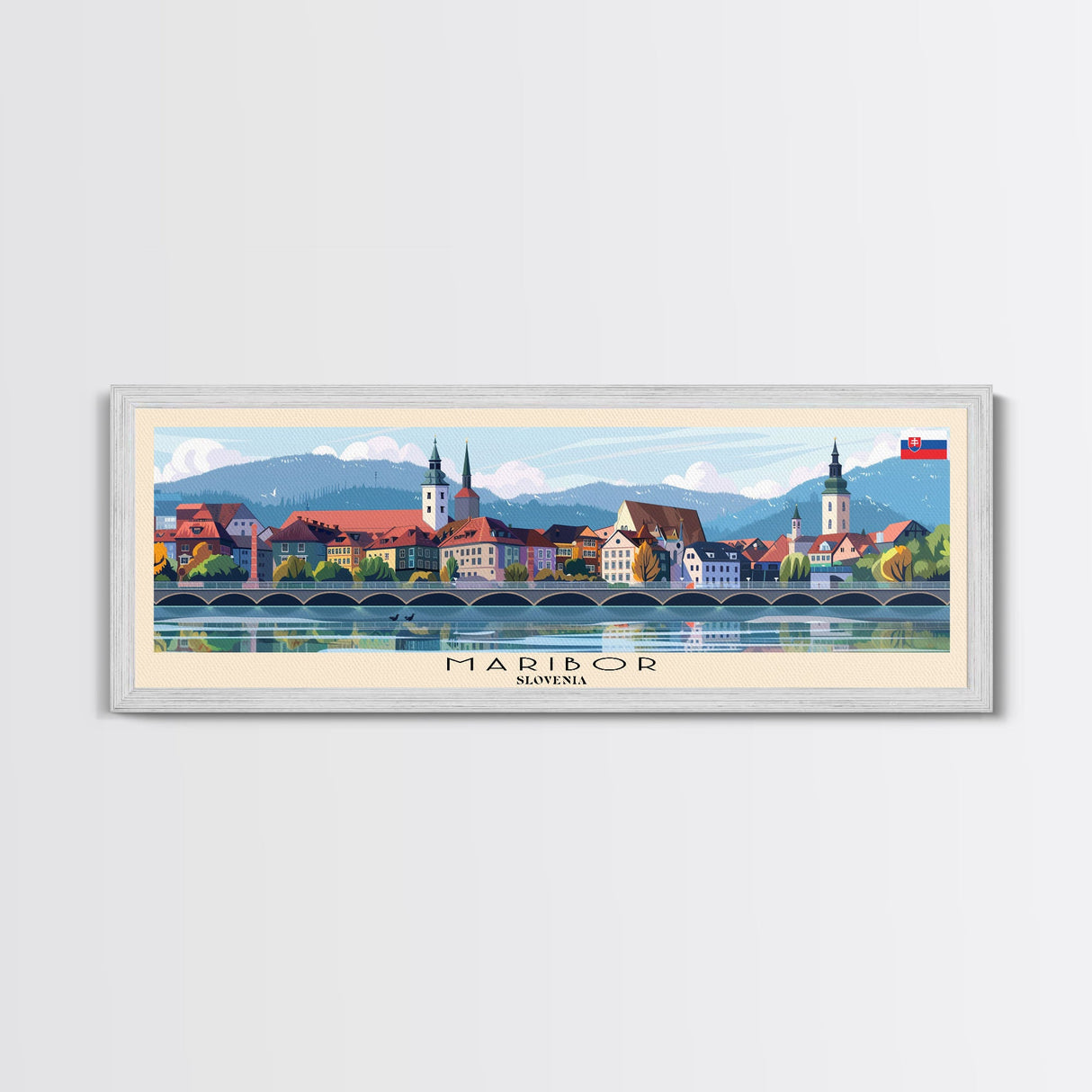 Maribor Slovenia Panoramic Travel Poster, Framed Canvas Print or Metal Wall Art, Travel Art, Home Decor, Panoramic Painting, Midcentury Art