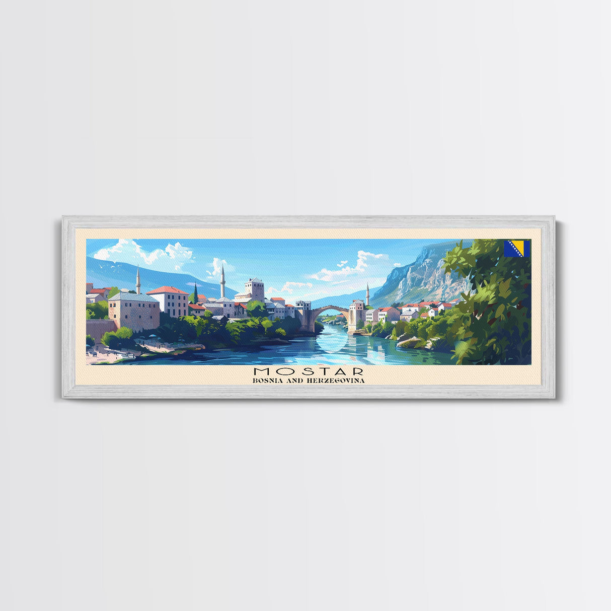 Mostar Bosnia Travel Art, City Art, Framed Canvas Print or Metal Wall Art, Europe Travel Poster, Panoramic Wall Art, Extra Wide Wall Art