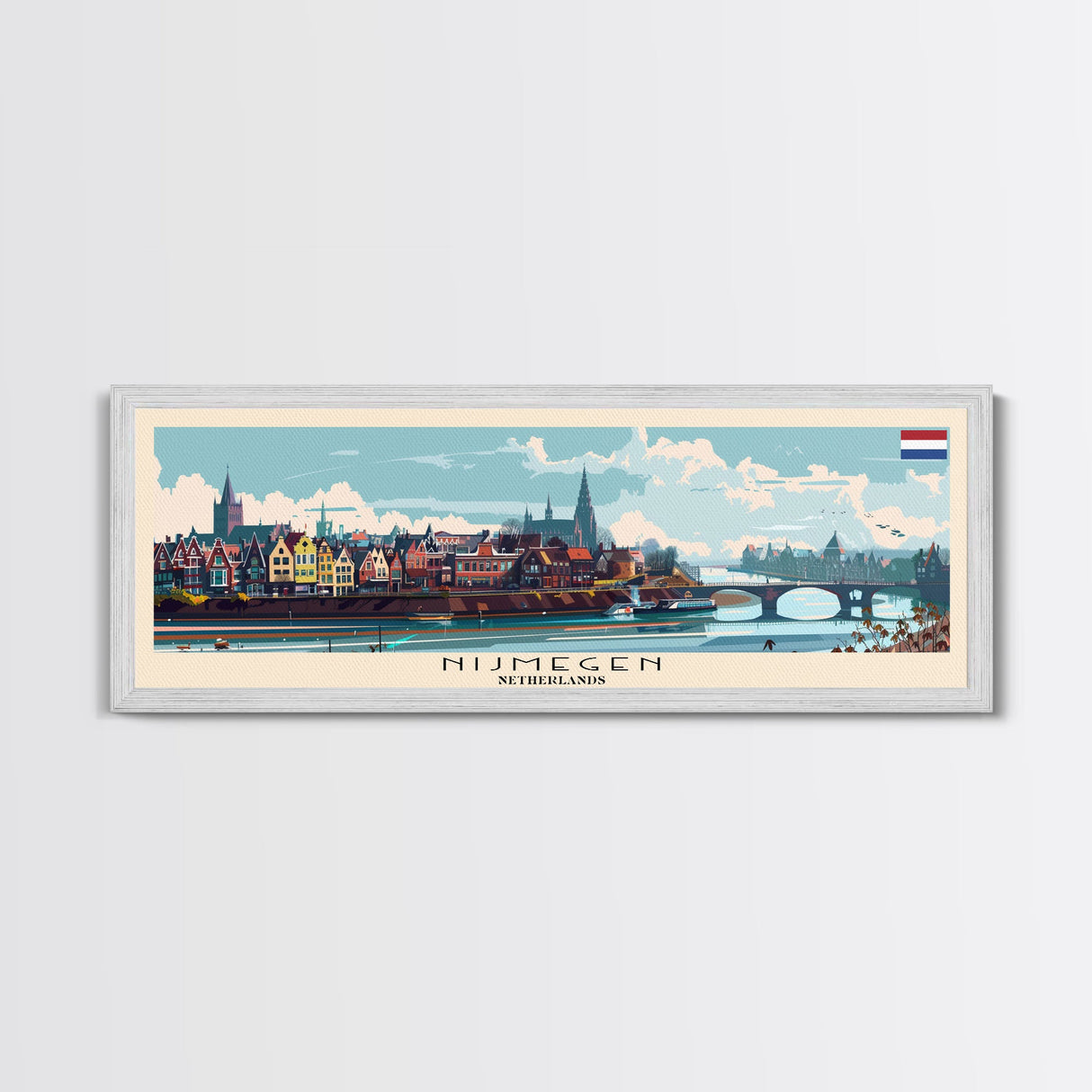 Nijmegen Netherlands Panoramic Travel Poster, Framed Canvas Print or Metal Wall Art, Travel Art, Home Decor, Panoramic Painting, Midcentury Art