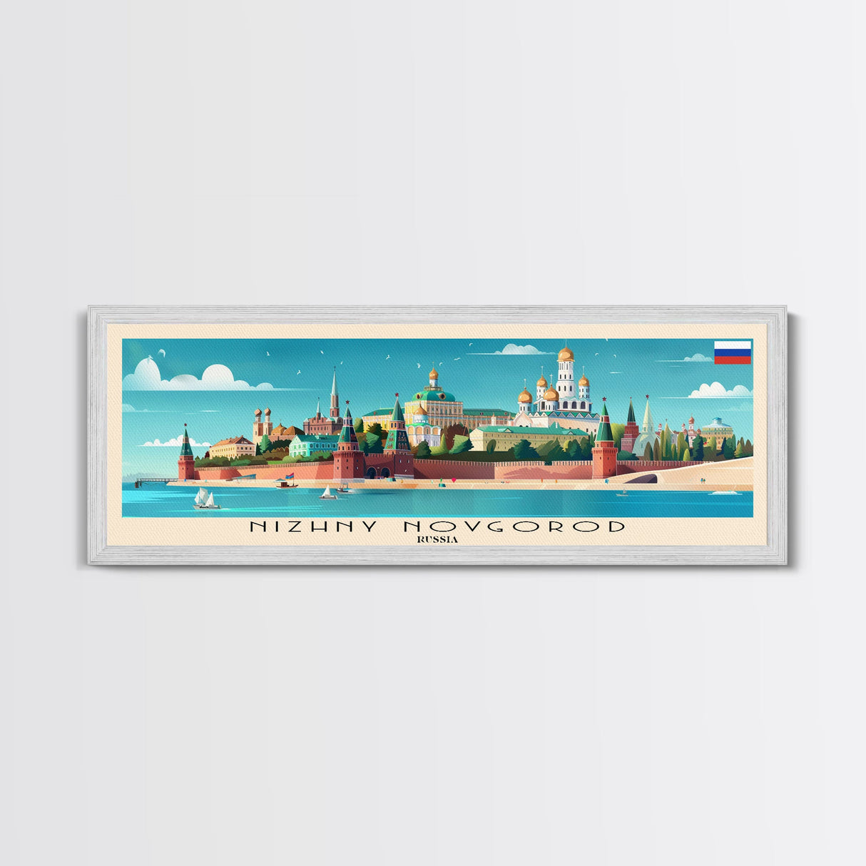 Nizhny Novgorod Panoramic Travel Poster, Framed Canvas Print or Metal Wall Art, Travel Art, Home Decor, Panoramic Painting, Midcentury Art