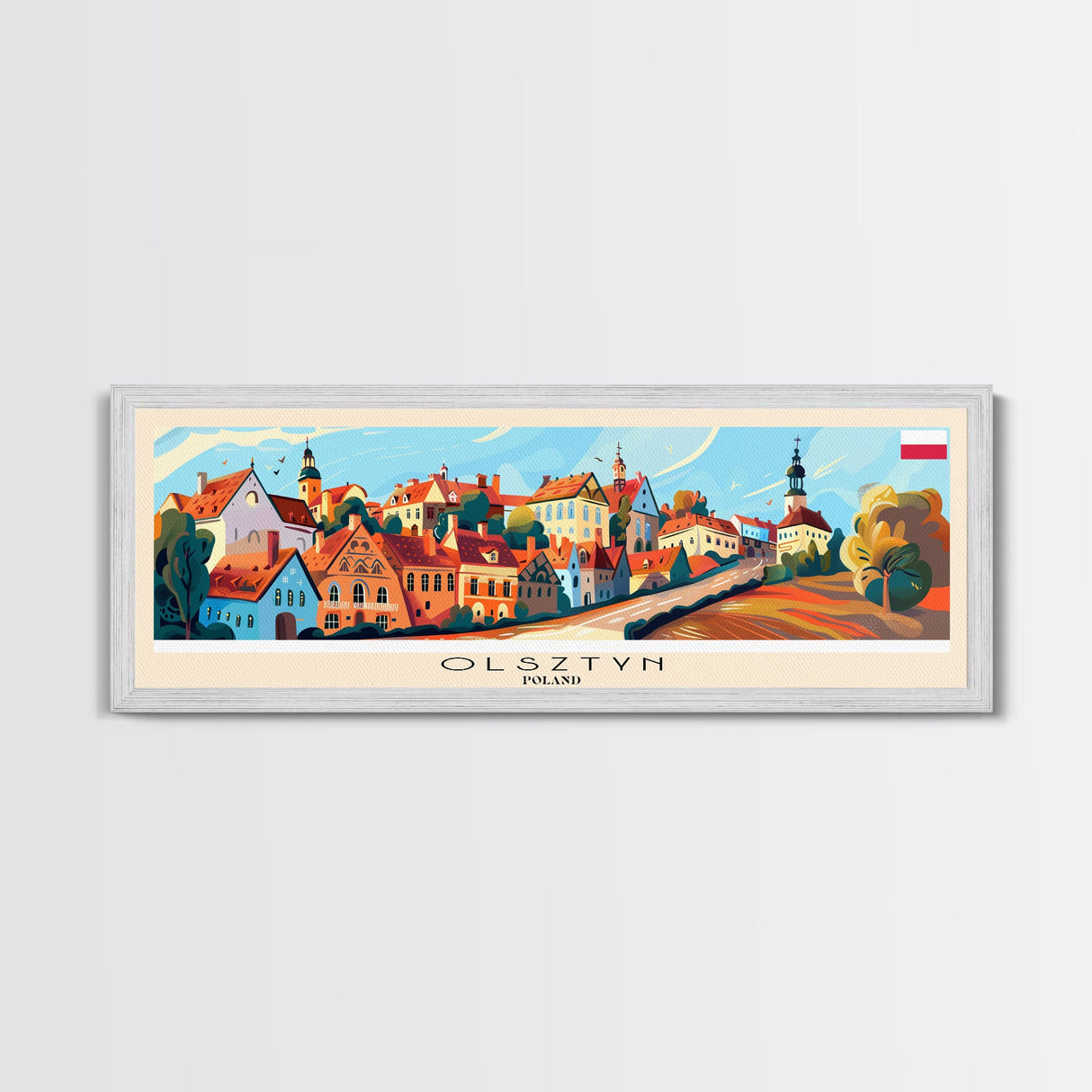 Olsztyn Poland Panoramic Travel Poster, Framed Canvas Print or Metal Wall Art, Travel Art, Home Decor, Panoramic Painting, Midcentury Art