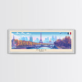 Paris France Panoramic Travel Poster, Framed Canvas Print or Metal Wall Art, Travel Art, Home Decor, Panoramic Painting, Midcentury Art