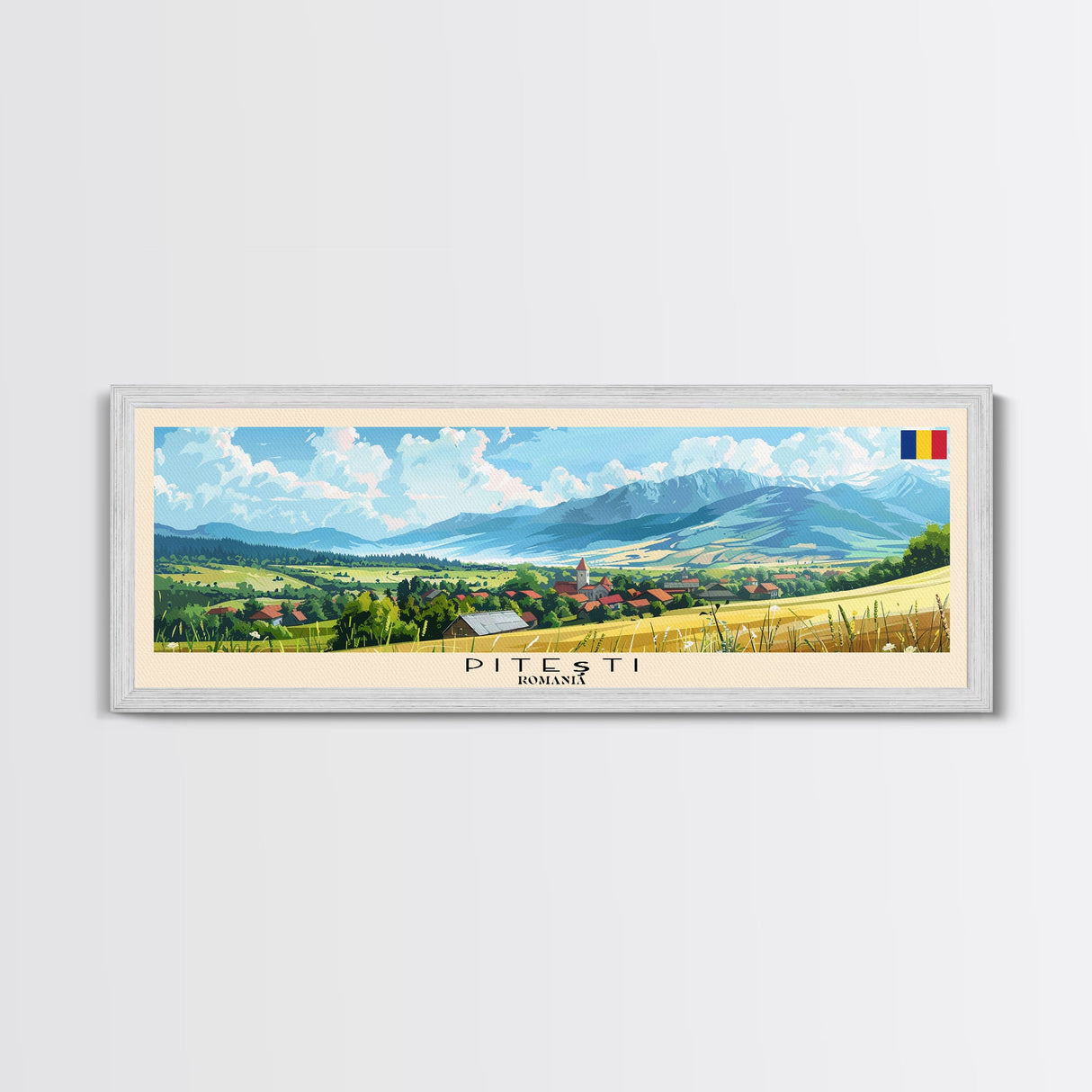 Pitesti Romania Panoramic Travel Poster, Framed Canvas Print or Metal Wall Art, Travel Art, Home Decor, Panoramic Painting, Midcentury Art