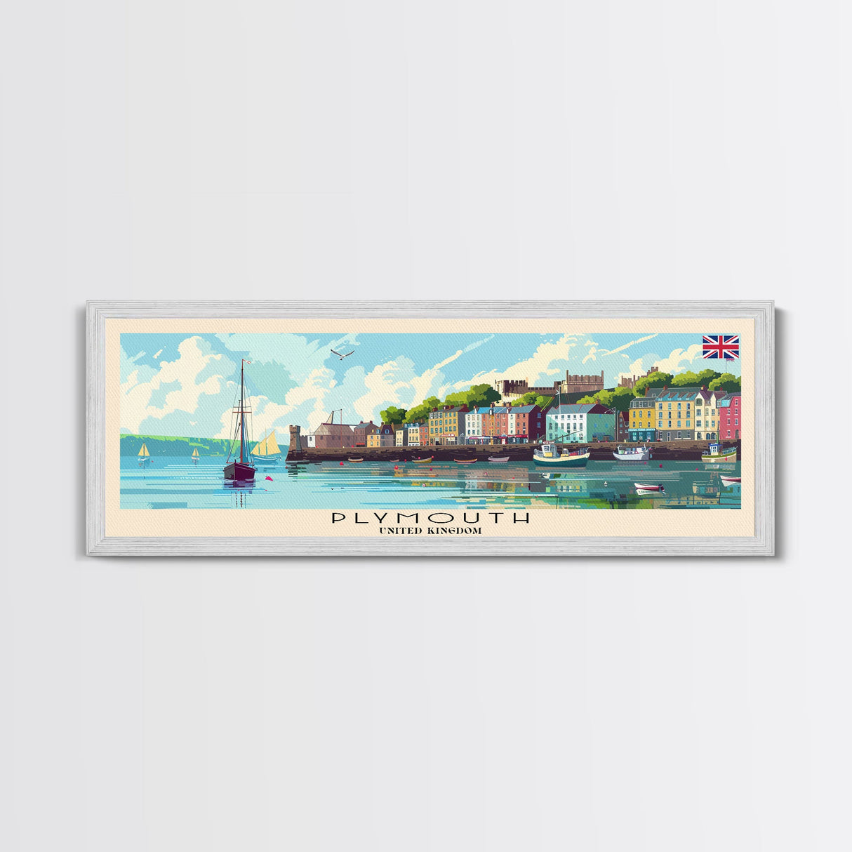 Plymouth United Kingdom Panoramic Travel Poster, Framed Canvas Print or Metal Wall Art, Travel Art, Home Decor, Panoramic Painting, Midcentury Art