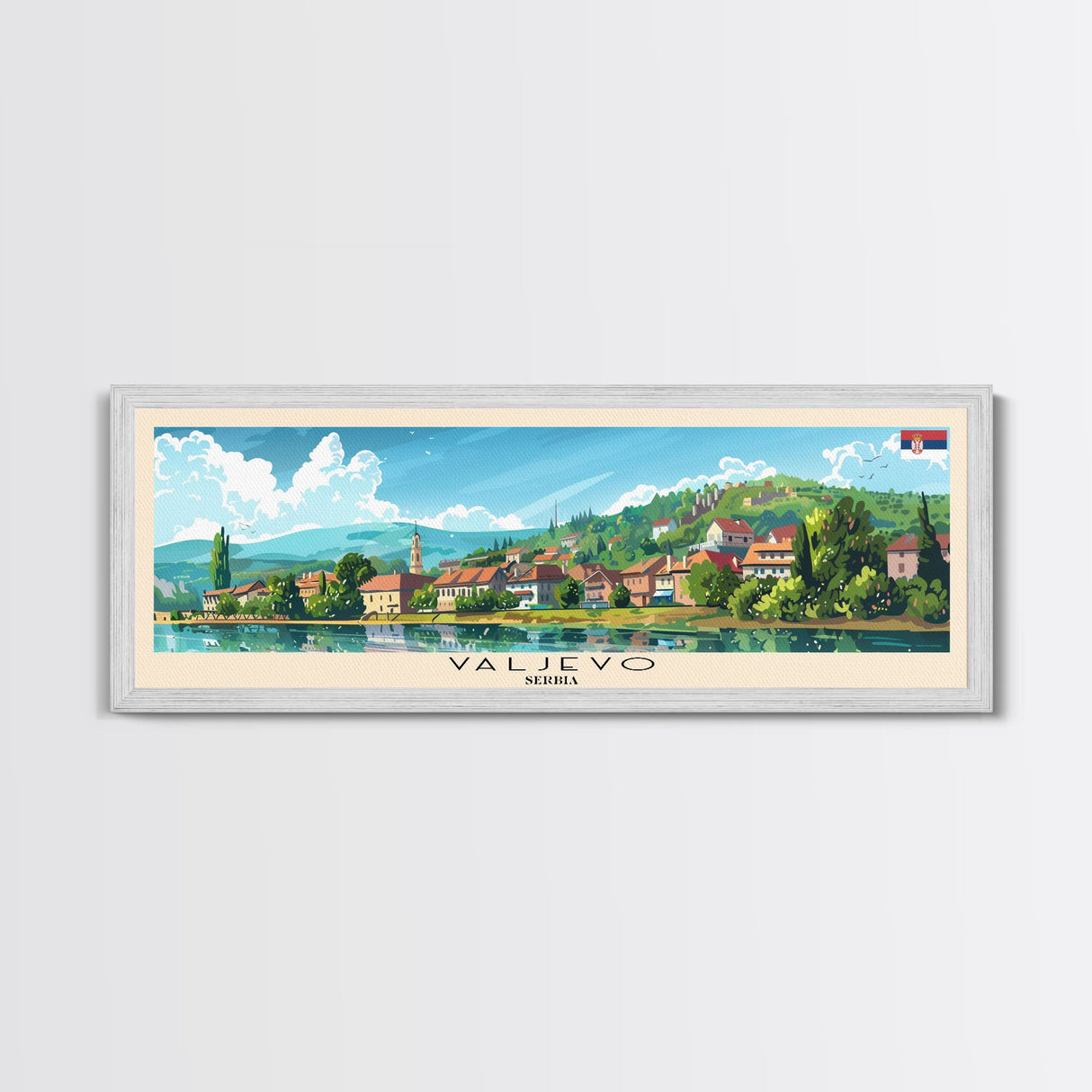 Valjevo Serbia Panoramic Travel Poster, Framed Canvas Print or Metal Wall Art, Travel Art, Home Decor, Panoramic Painting, Midcentury Art