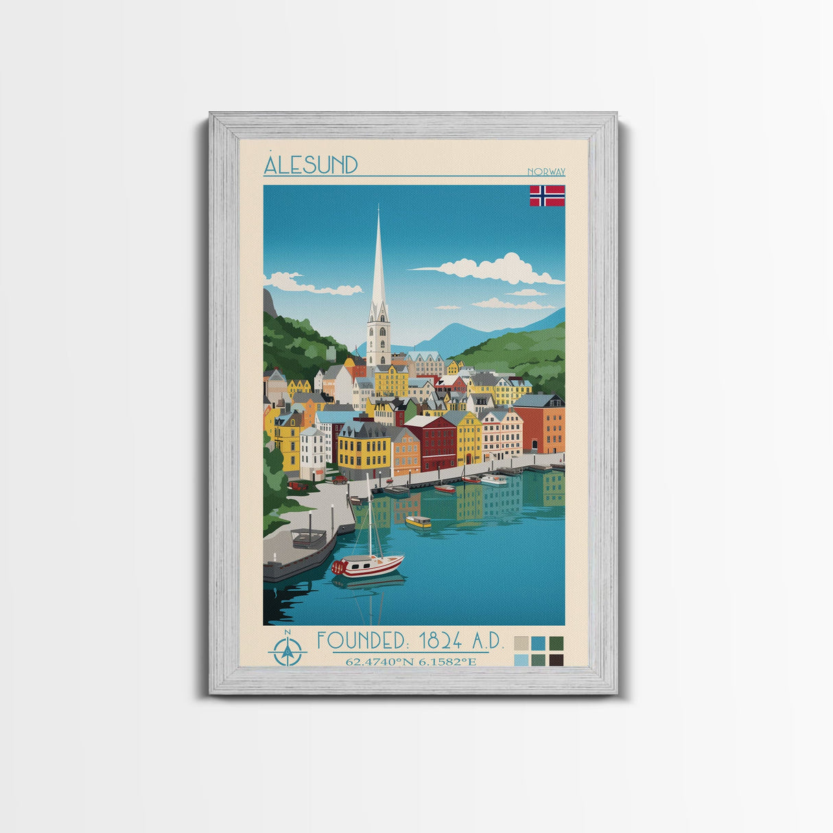 Ålesund Norway Travel Poster Framed Canvas Print, Midcentury Modern Art, Pop Art Wall Decor, Living Room Art, Scenic Wall Art