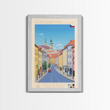 České Budějovice Czech Republic Travel Poster Framed Canvas Print, Midcentury Modern Art, Pop Art Decor, Living Room Wall Art