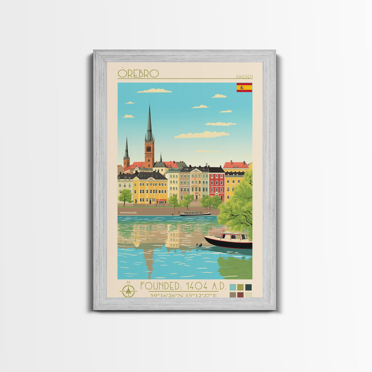 Örebro Sweden Travel Poster Framed Canvas Print, Midcentury Modern Art, Pop Art Wall Decor, Living Room Art, Home Decoration