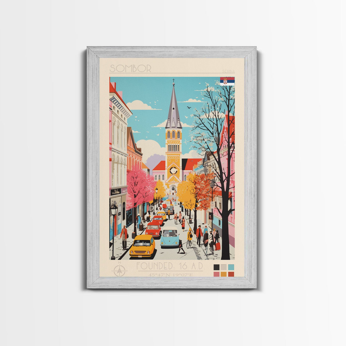 Sombor Serbia Travel Poster Framed Canvas Print, Midcentury Modern Art, Pop Art Wall Decor, Scenic Wall Art, Office Decoration