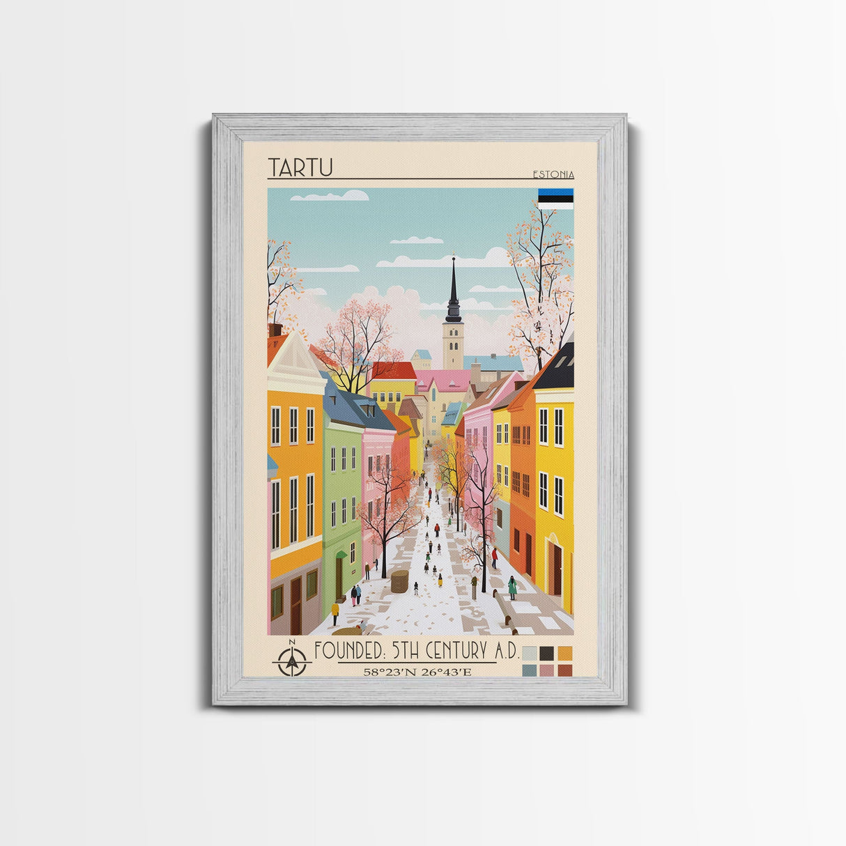 Tartu Estonia Travel Poster Framed Canvas Print, Midcentury Modern Art, Pop Art Wall Decor, Living Room Art, Home Decoration