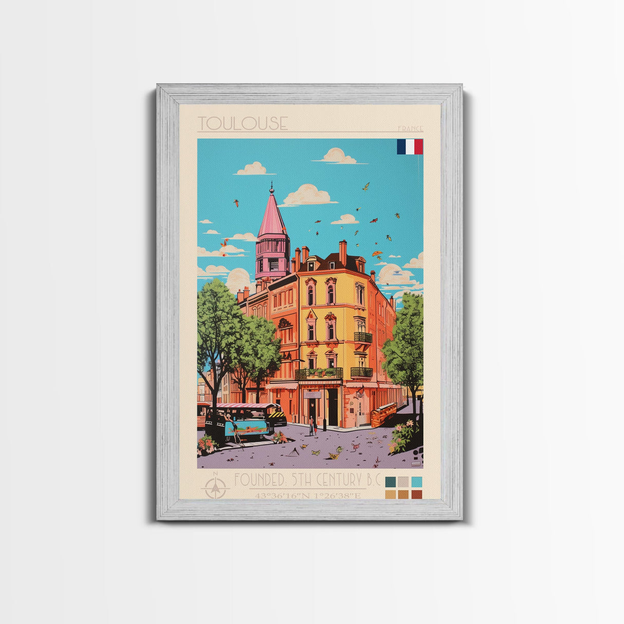 Toulouse France Travel Poster Framed Canvas Print, Midcentury Modern Art, Pop Art Wall Decor, Living Room Art, Scenic Wall Art