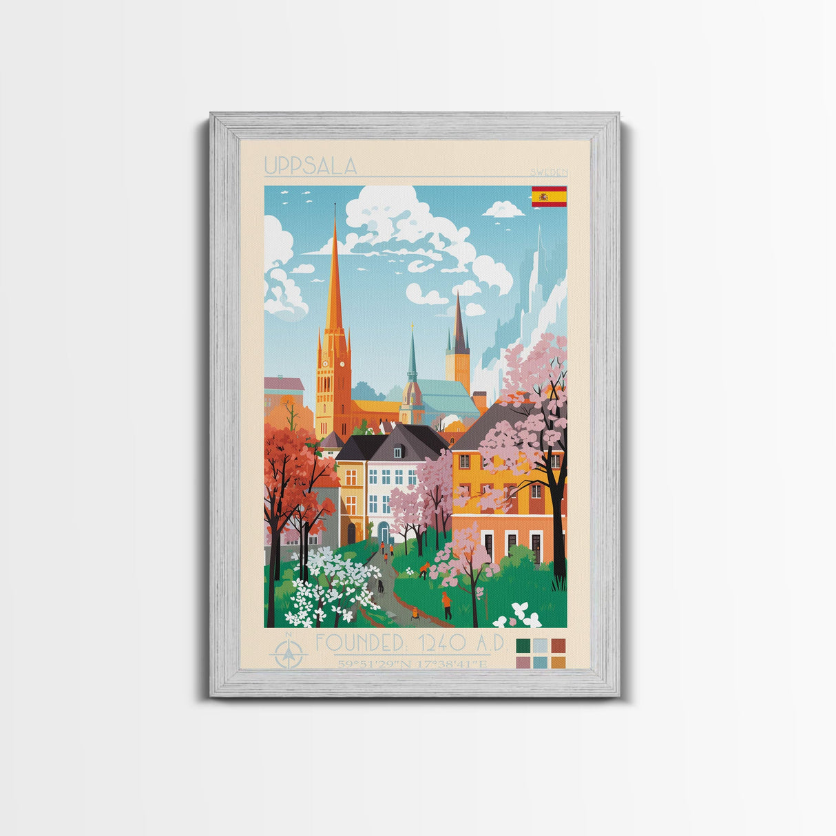 Uppsala Sweden Travel Poster Framed Canvas Print, Midcentury Modern Art, Pop Art Wall Decor, Living Room Art, Home Decoration