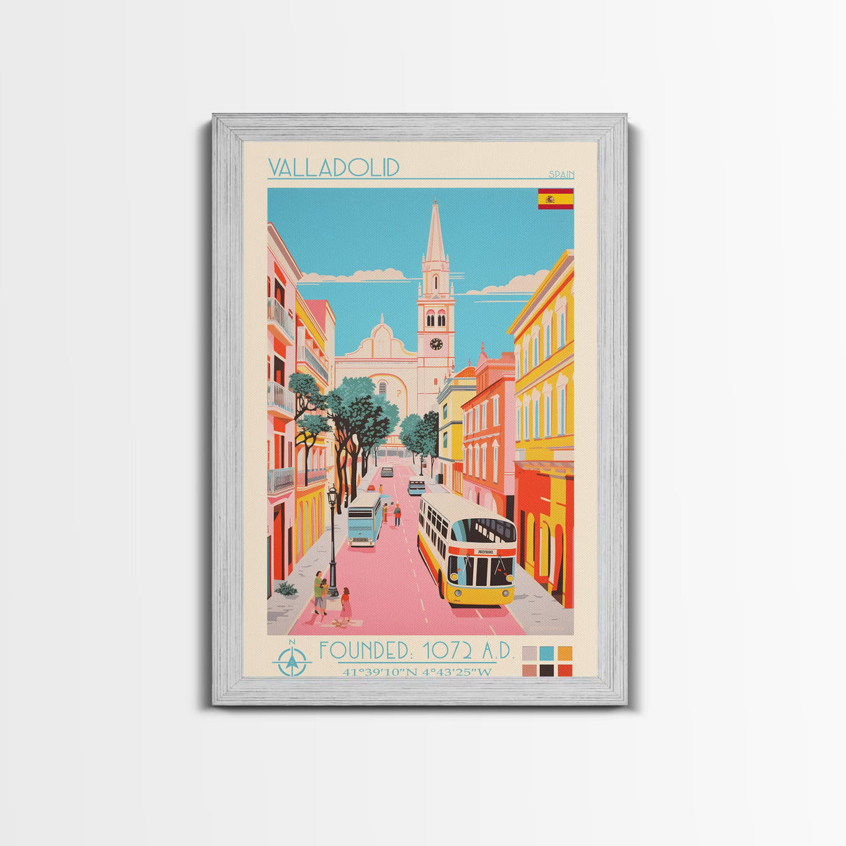 Valladolid Spain Travel Poster Framed Canvas Print, Midcentury Modern Art, Pop Art Wall Decor, Living Room Art, Scenic Wall Art